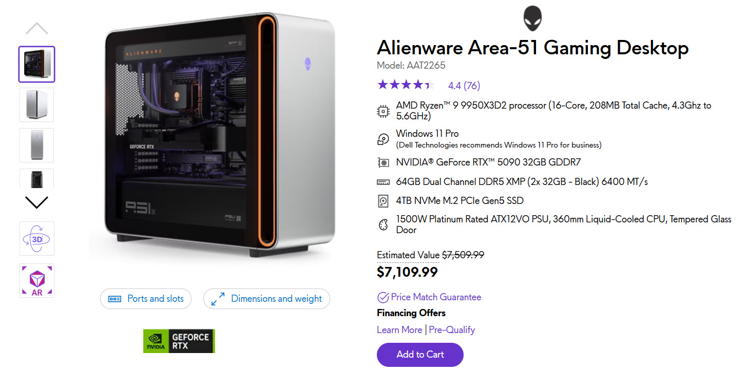 Alienware Area-51 avec une carte graphique NVIDIA GeForce RTX visible ; configuration : Ryzen 9 9950X3D2, 64 Go DDR5, SSD NVMe M.2 PCIe Gen5 de 4 To, au prix de 7 109,99 €.