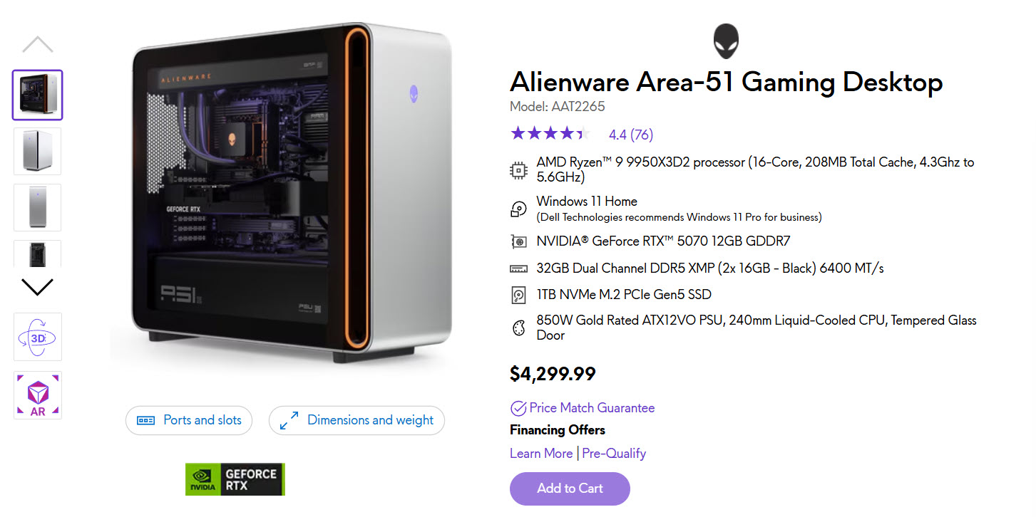 Alienware Area-51 : Ryzen 9 9950X3D2, GeForce RTX 5070 12 Go GDDR7, 32 Go DDR5 dual‑channel, SSD NVMe M.2 PCIe Gen5 de 1 To, au prix de 4 299,99 €.
