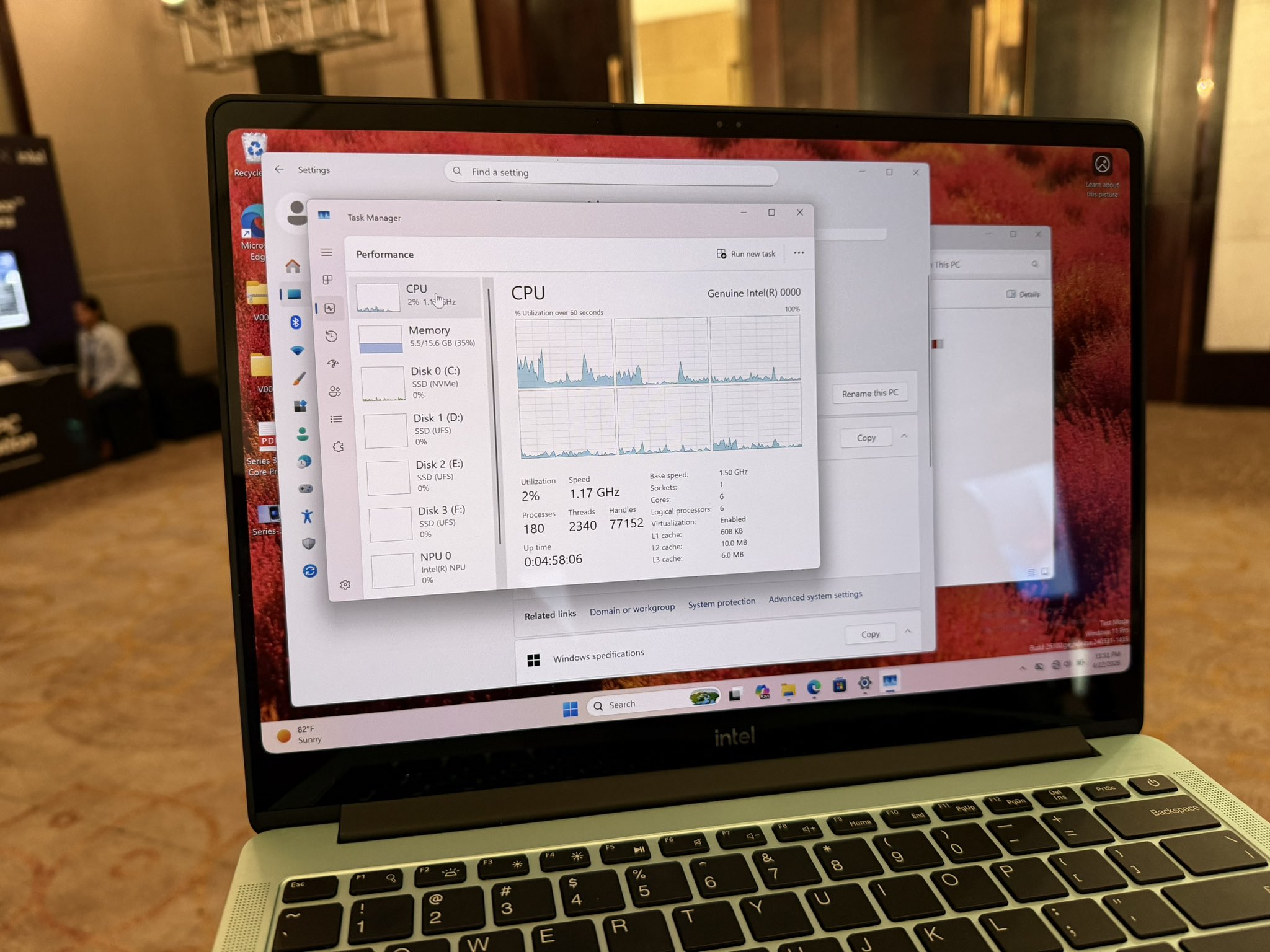 Un portable affichant le Gestionnaire des tâches de Windows, avec « Genuine Intel(R) 0000 » à 2 % d'utilisation à 1,17 GHz.