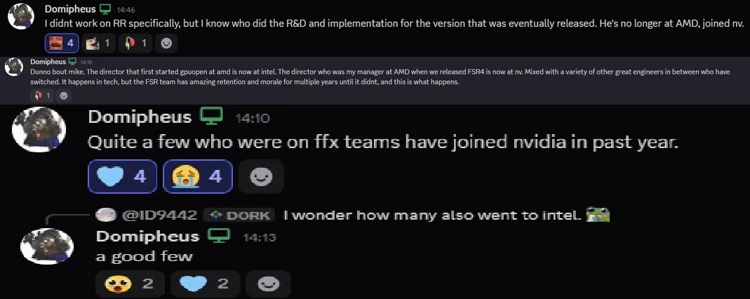 A Discord conversation shows a user named Domipheus stating, Quite a few who were on ffx teams have joined nvidia in past year, with reactions and subsequent comments discussing team movements to Nvidia and Intel.