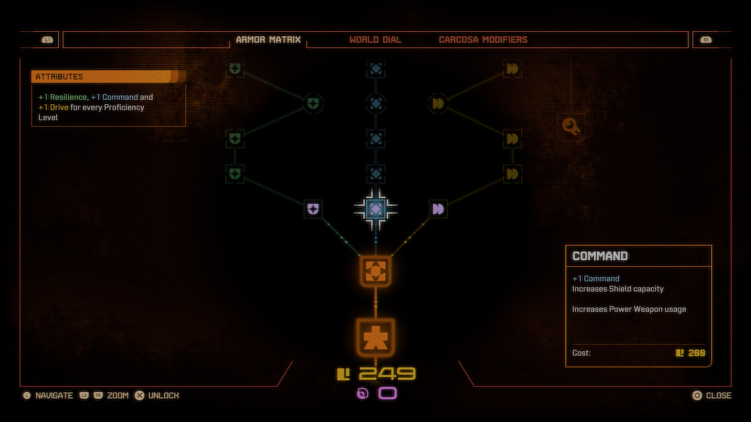 A skill tree screen from a video game shows the 'ARMOR MATRIX' section with a central node connected to attributes like 'Resilience,' 'Command,' and 'Drive,' with 'L 249' currency and a command cost of 'L 269.'