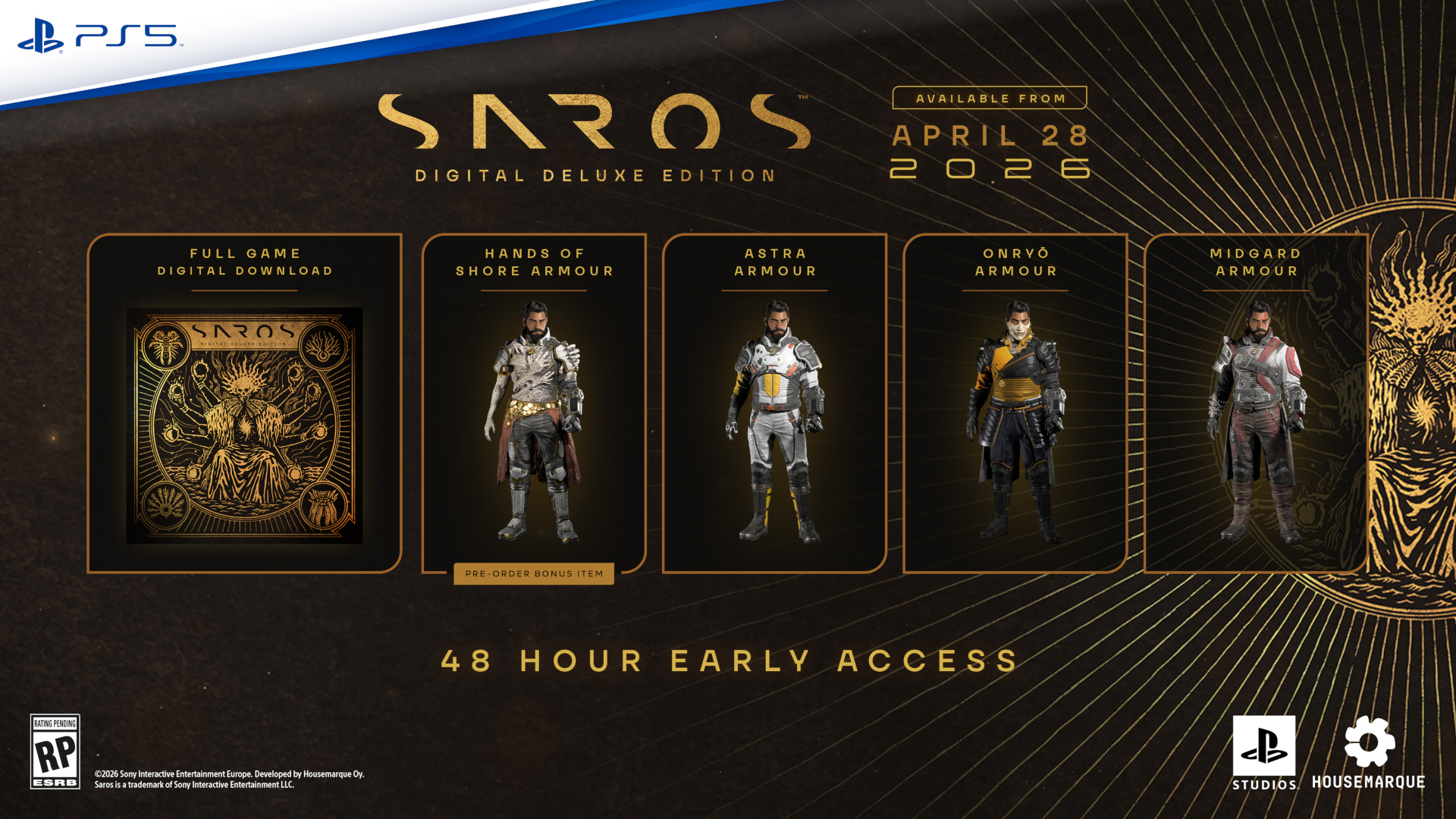 The image shows the PlayStation 5 release announcement for Saros: Digital Deluxe Edition available from April 28, 2026, including items like 'Hands of Shore Armour,' 'Astra Armour,' 'Onryō Armour,' and 'Midgard Armour' with '48 Hour Early Access.'