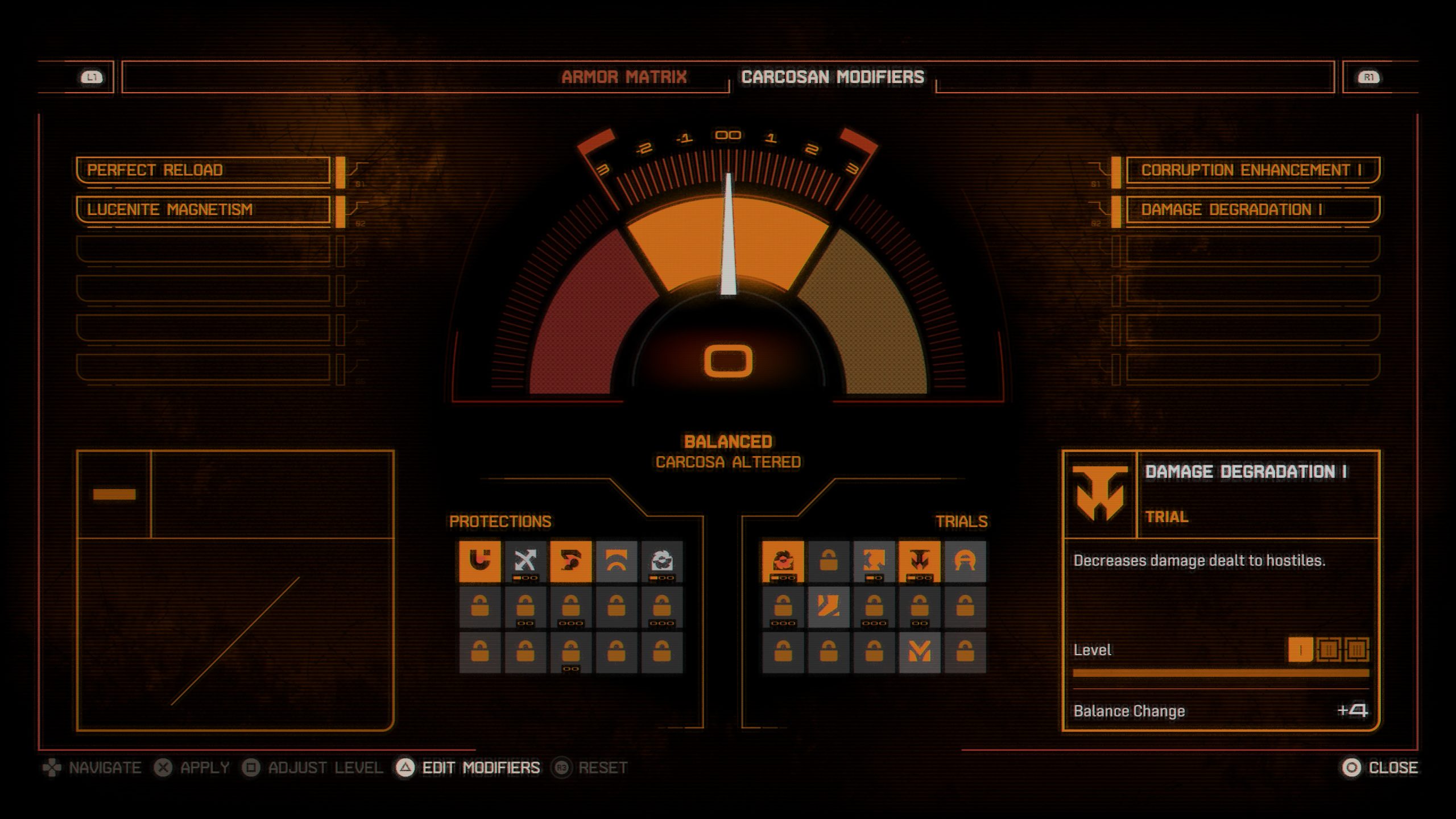A game interface displays an 'Armor Matrix' with options for 'Perfect Reload' and 'Lucenite Magnetism,' and details about 'Damage Degradation I' trial effects.