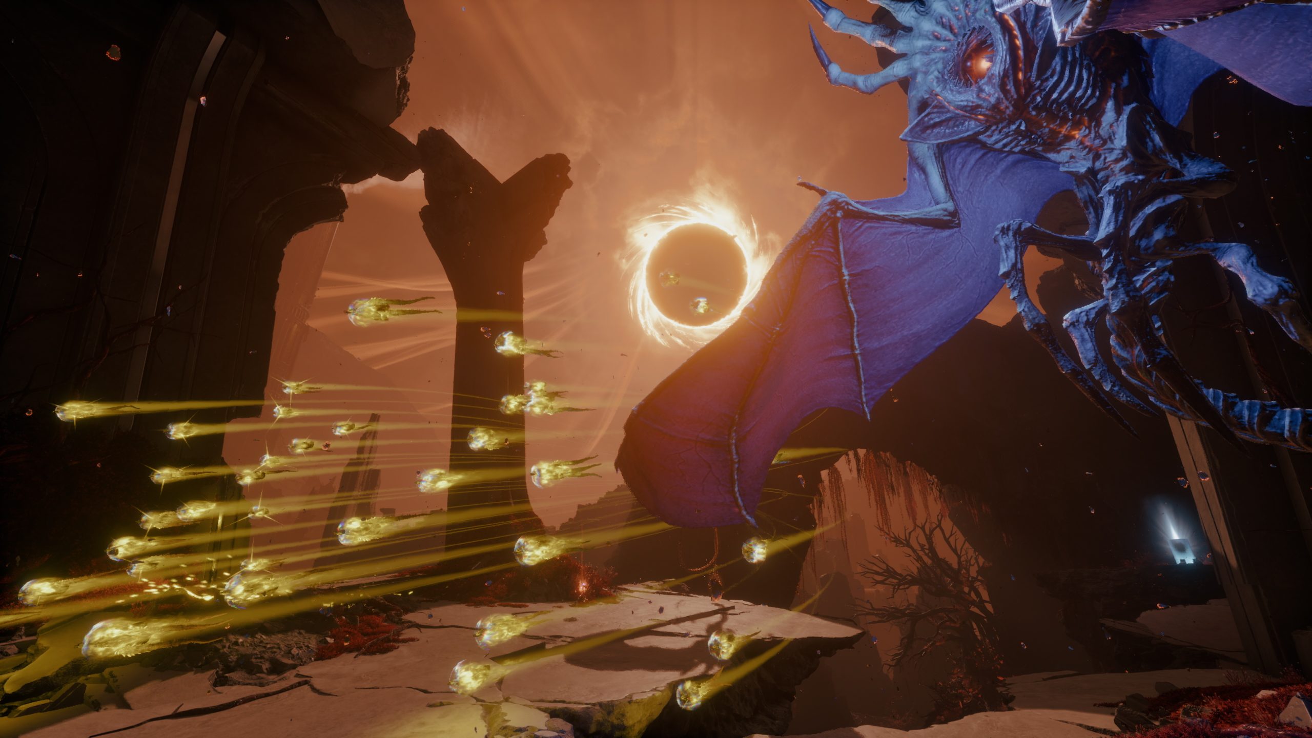 A scene from the game 'Saros' showing a dragon-like creature in a fantasy environment.