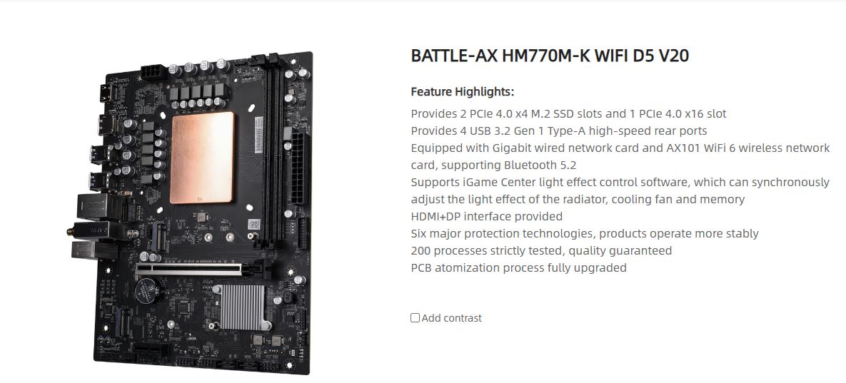 The image shows a BATTLE-AX HM770M-K WIFI D5 V20 motherboard with features including 2 PCIe 4.0 x4 M.2 SSD slots, PCIe 4.0 x16 slot, 4 USB 3.2 Gen 1 Type-A rear ports, and AX101 WiFi 6 with Bluetooth 5.2.