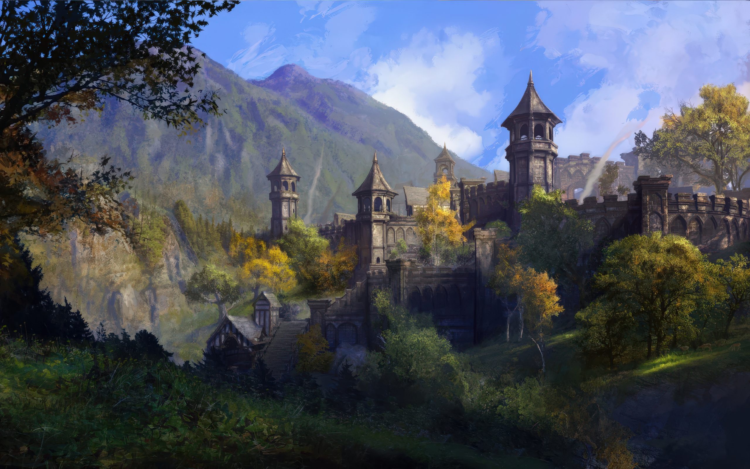 A picturesque castle set against a mountainous landscape with lush trees and detailed stone architecture under a bright blue sky.