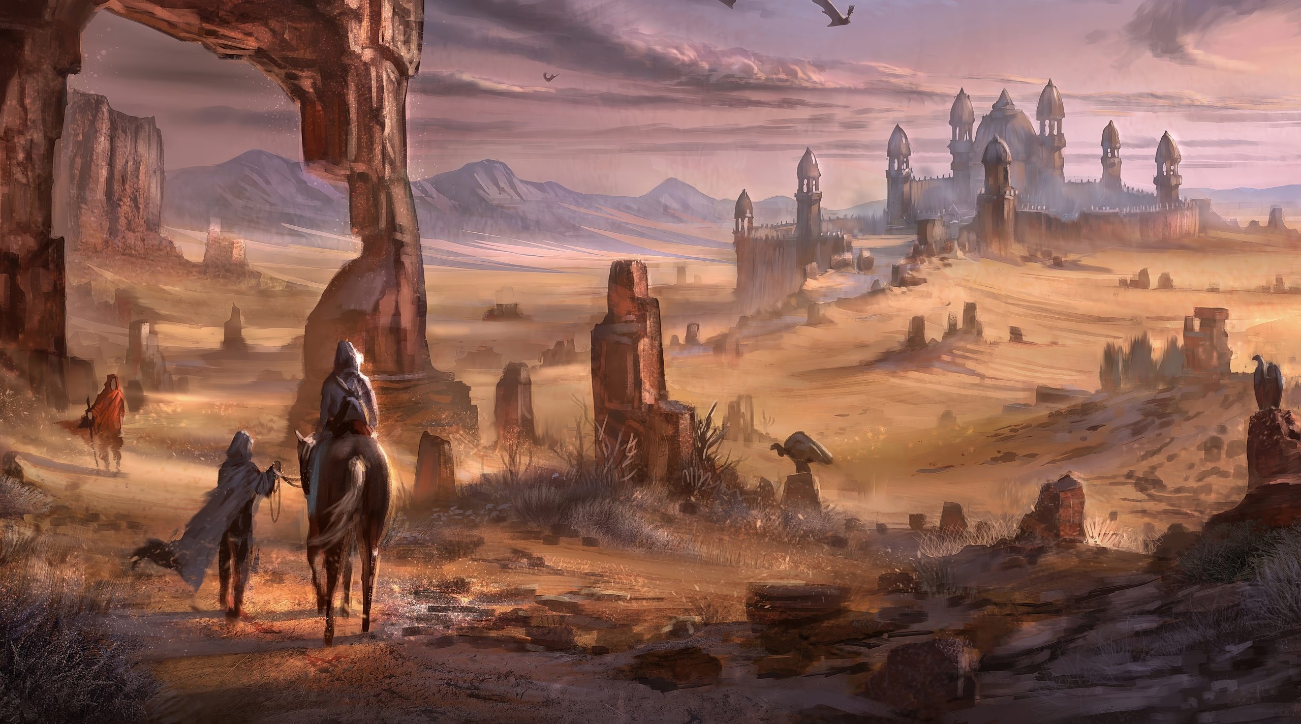 A desert landscape with two hooded figures on horseback approaching a distant, domed fortress.