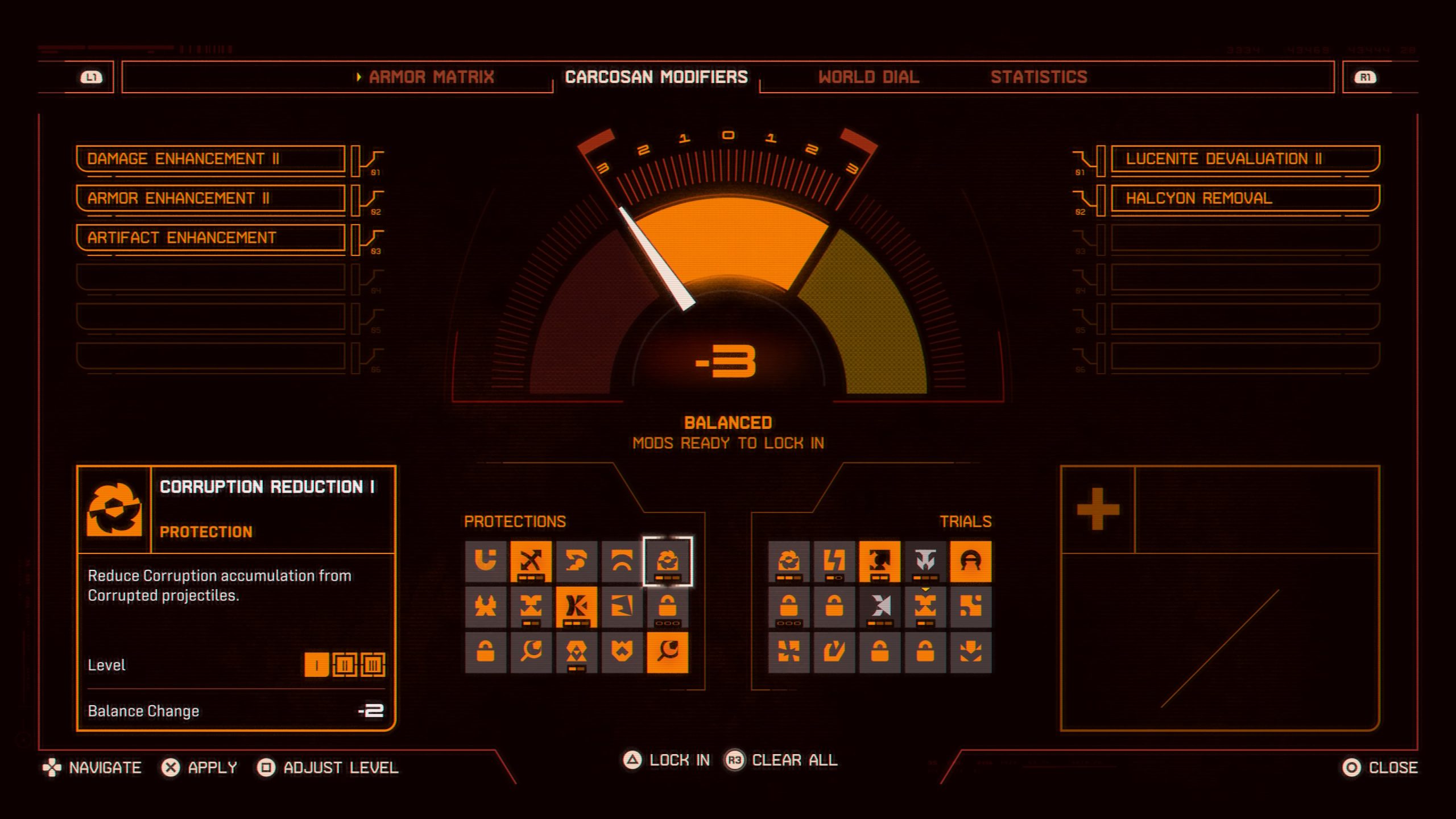The Saros game interface displays an Armor Matrix titled screen with a gauge reading '-3 Balanced' and a Corruption Reduction I protection mod selected, showing 'Balance Change -2' with options for damage, armor, artifact enhancements, and trials.