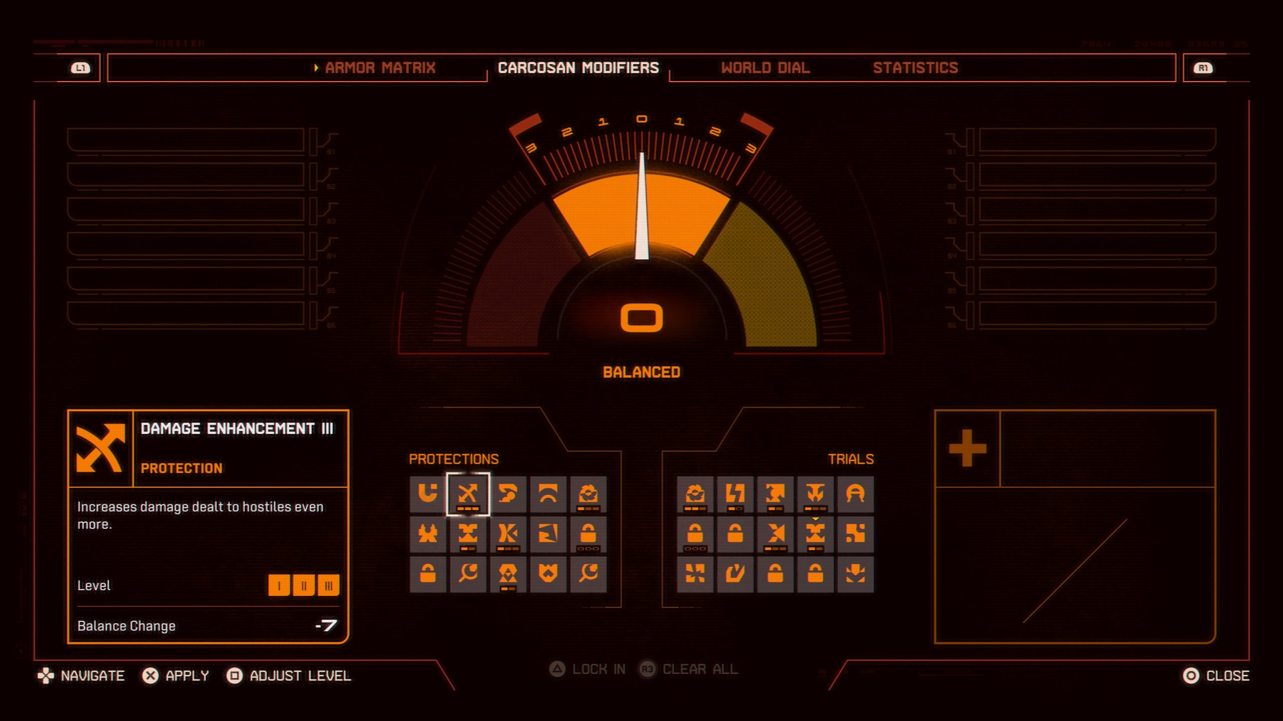 The Saros interface shows the 'Armor Matrix' menu with 'Carcosan Modifiers,' highlighting a 'Damage Enhancement III' option with a balance change of '-7' under the 'Protections' category.