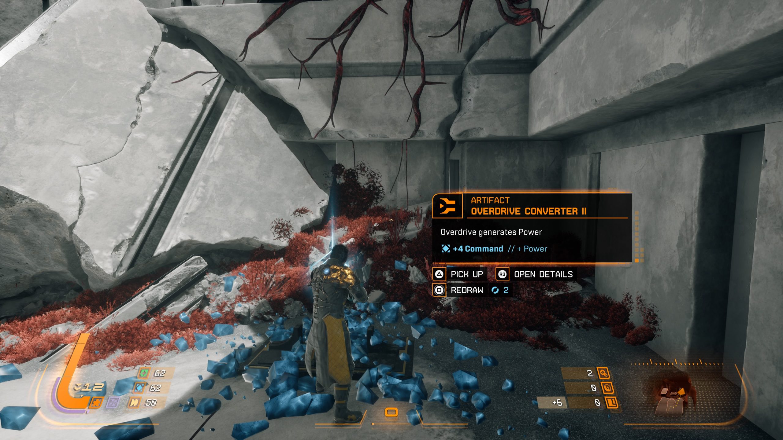A character in Saros is interacting with an artifact called 'Overdrive Converter II' in a futuristic setting, with options to 'Pick Up' and 'Open Details' displayed on-screen.