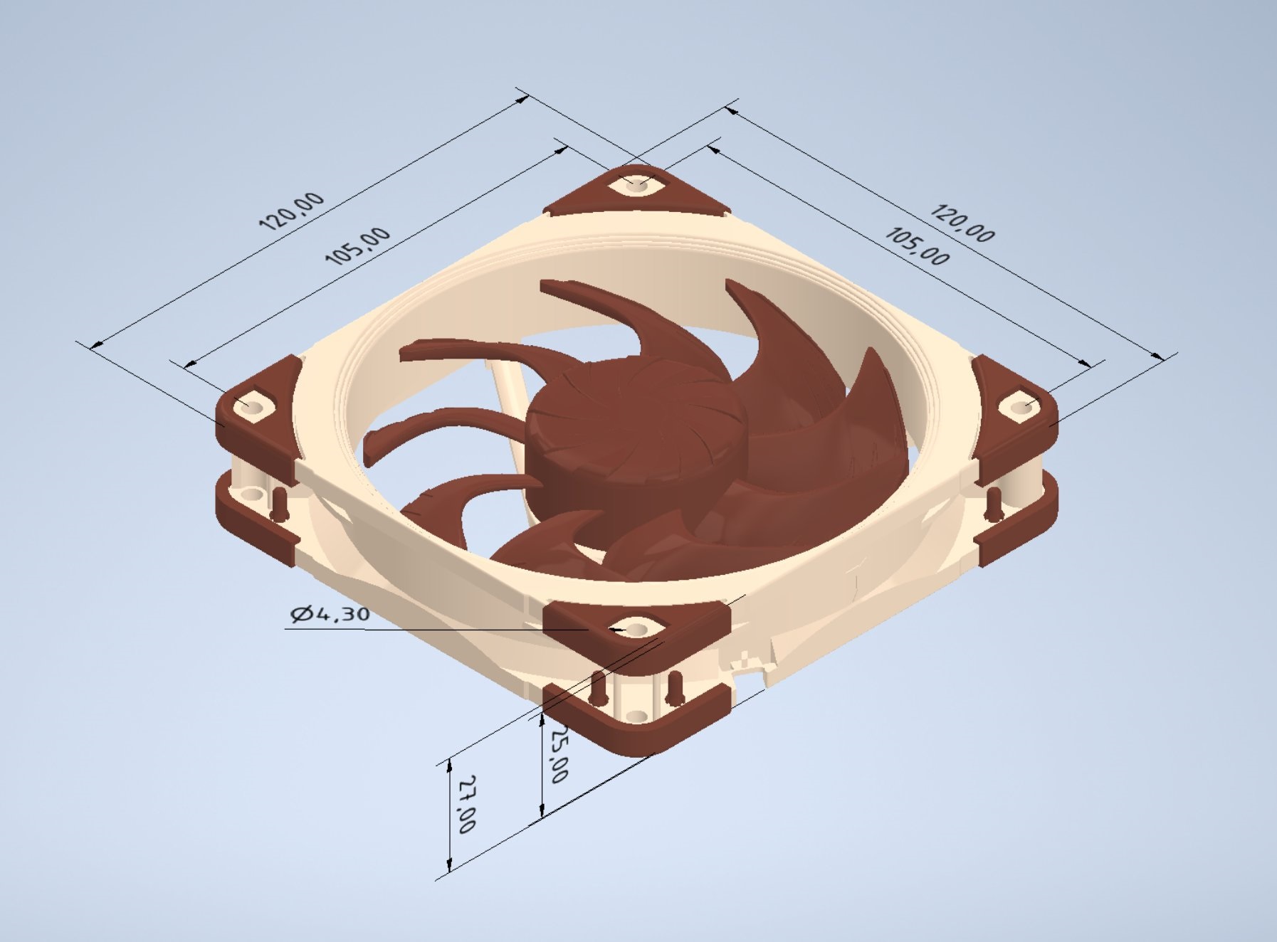 A 3D rendering of a fan with measurement annotations showing dimensions of 120.00 mm x 105.00 mm, a diameter of Ø4.30 mm, and a height of 27.00 mm.