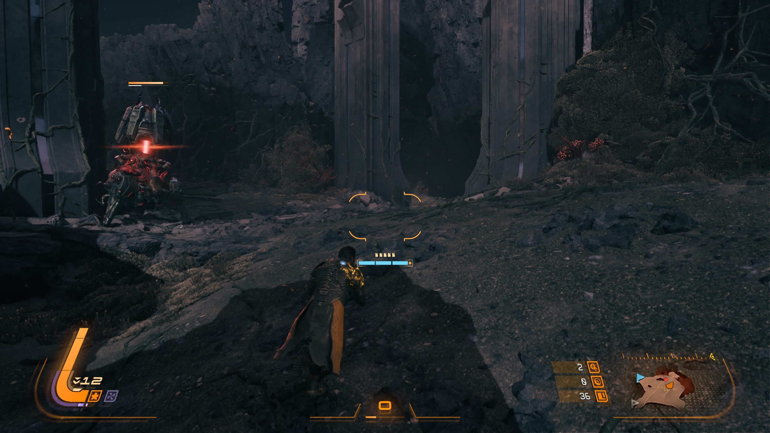 A character in Saros is engaging a spider-like enemy in a rocky environment, with an orange heads-up display showing health and mini-map details.