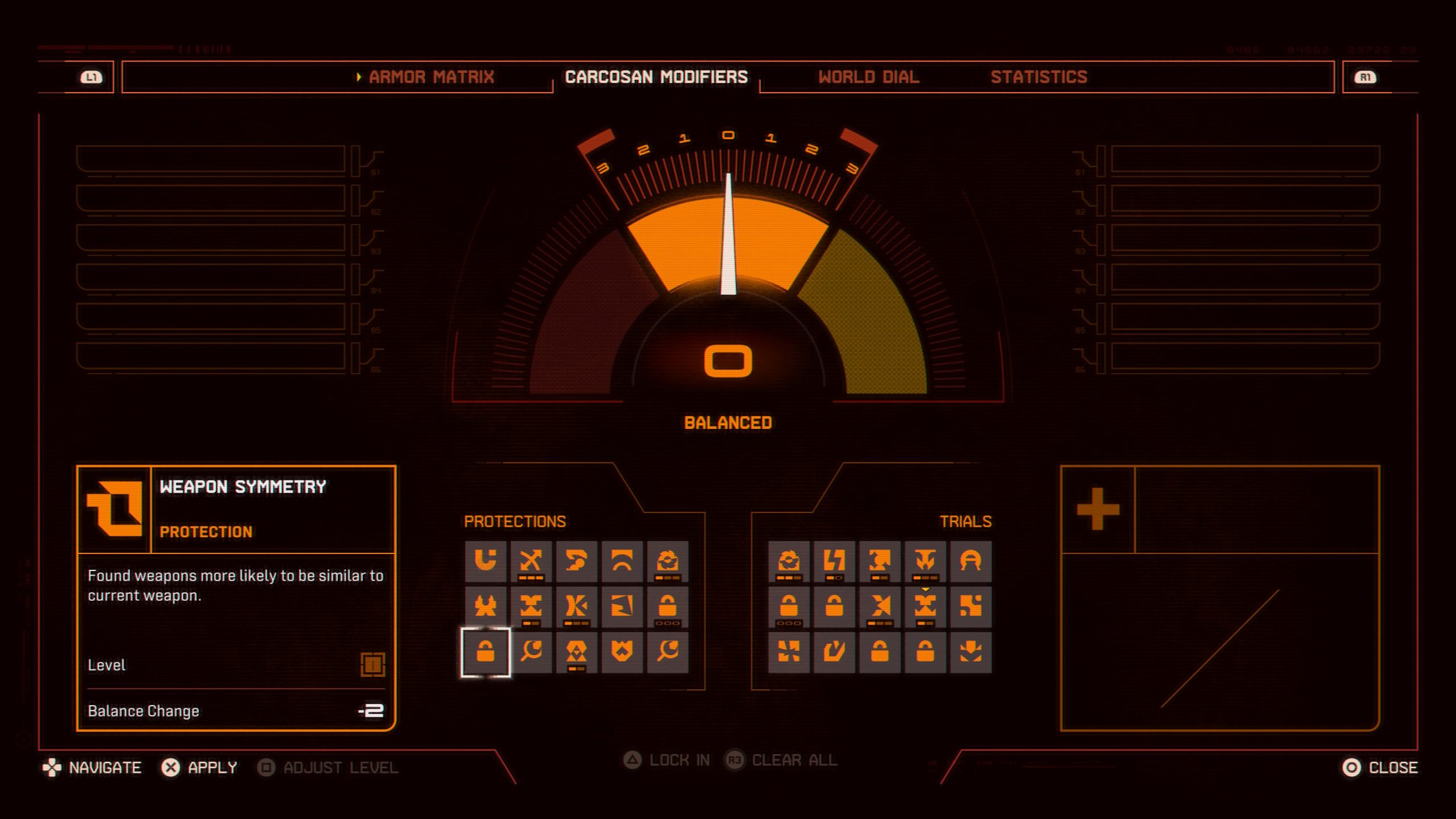 Un écran d’interface de Saros affichant la section « Carcosan Modifiers » avec un cadran réglé sur « 0 » et la description d’une option « Weapon Symmetry » dans la catégorie « Protection », indiquant un changement d’équilibre de « -2 ».