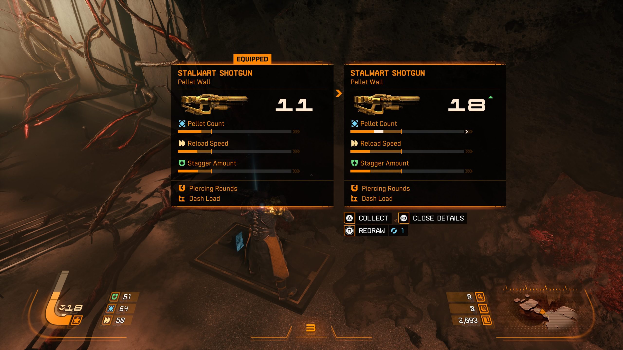 A Saros screen displays a comparison between two 'Stalwart Shotgun' options, showing differences in 'Pellet Count,' 'Reload Speed,' and 'Stagger Amount,' with the ability to 'COLLECT' or 'CLOSE DETAILS' at the bottom.