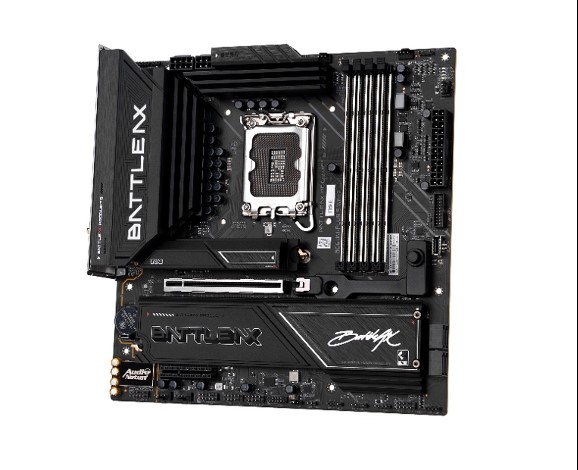 Une carte mère BATTLEAX avec socket LGA 1700 visible et plusieurs logements DIMM DDR4.