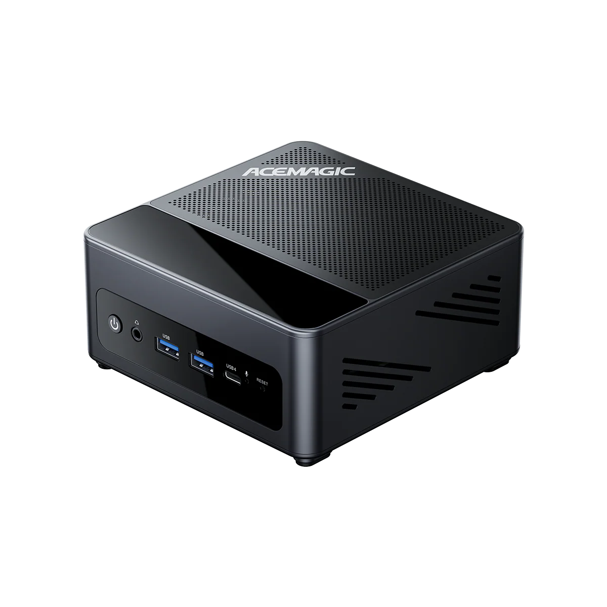 A dark grey ACEMAGIC mini PC with front-facing USB ports and a power button, featuring a perforated top surface.