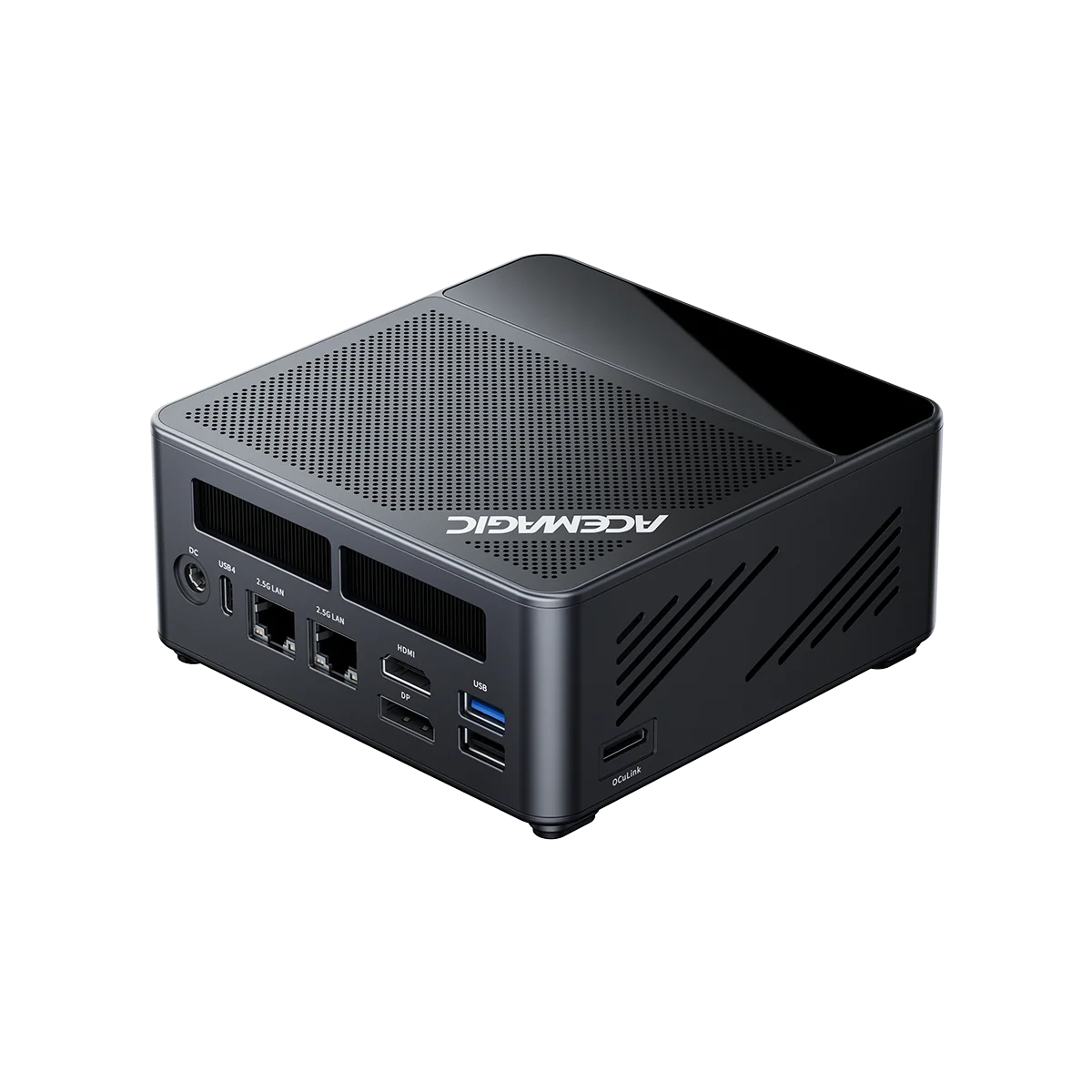 A black ACEMAGIC mini PC featuring multiple ports including HDMI, USB, and dual LAN connections.
