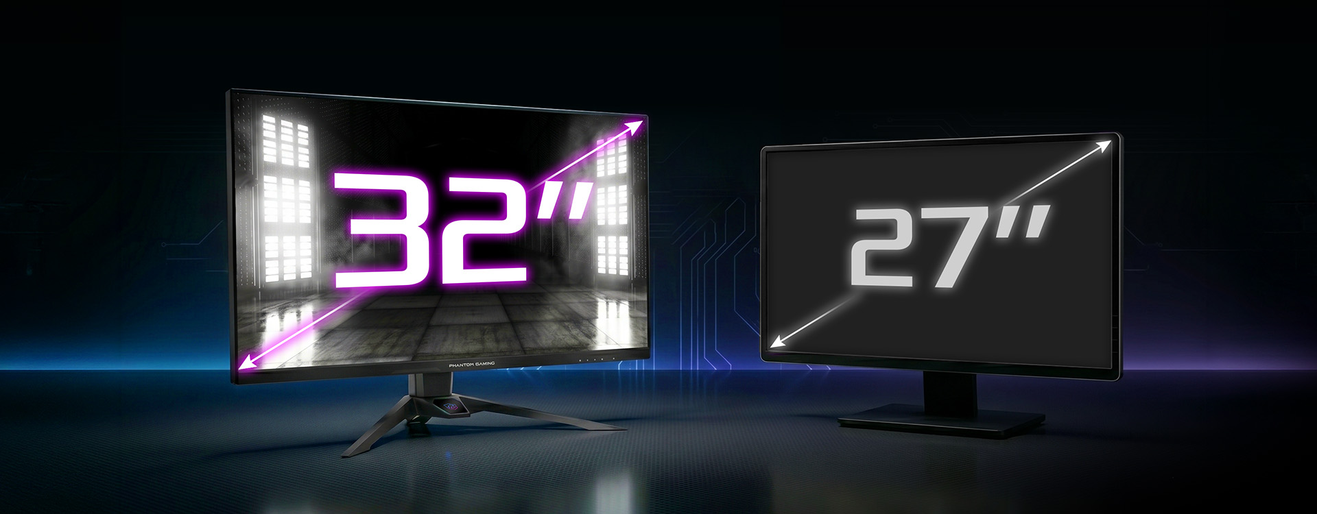 A comparison of two monitors showing a larger ASRock Phantom Gaming monitor labeled '32' and a smaller monitor labeled '27'.