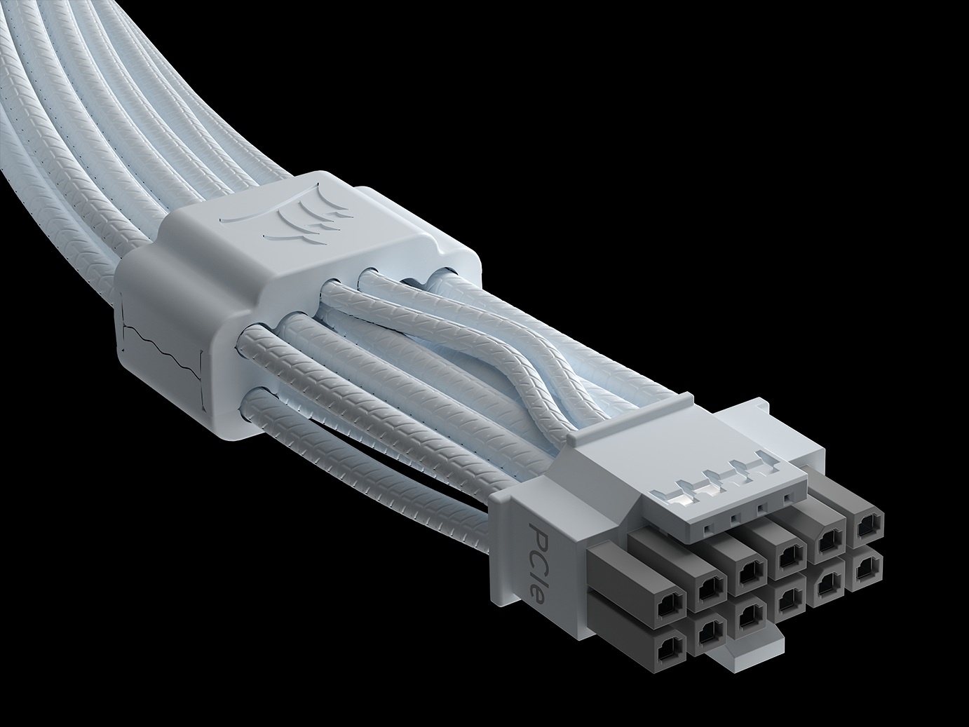 A white PCle power connector cable with a plug visible against a black background.