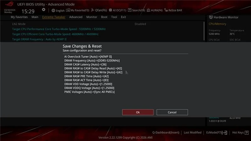 Écran UEFI BIOS Utility (mode avancé) sous 'Save Changes & Reset' affichant : 'Ai Overclock Tuner [Auto]->[AEMP II]', 'DRAM Frequency [Auto]->[DDR5-5200MHz]' et 'PMIC Voltages [Auto]->[Sync All PMICs]'.
