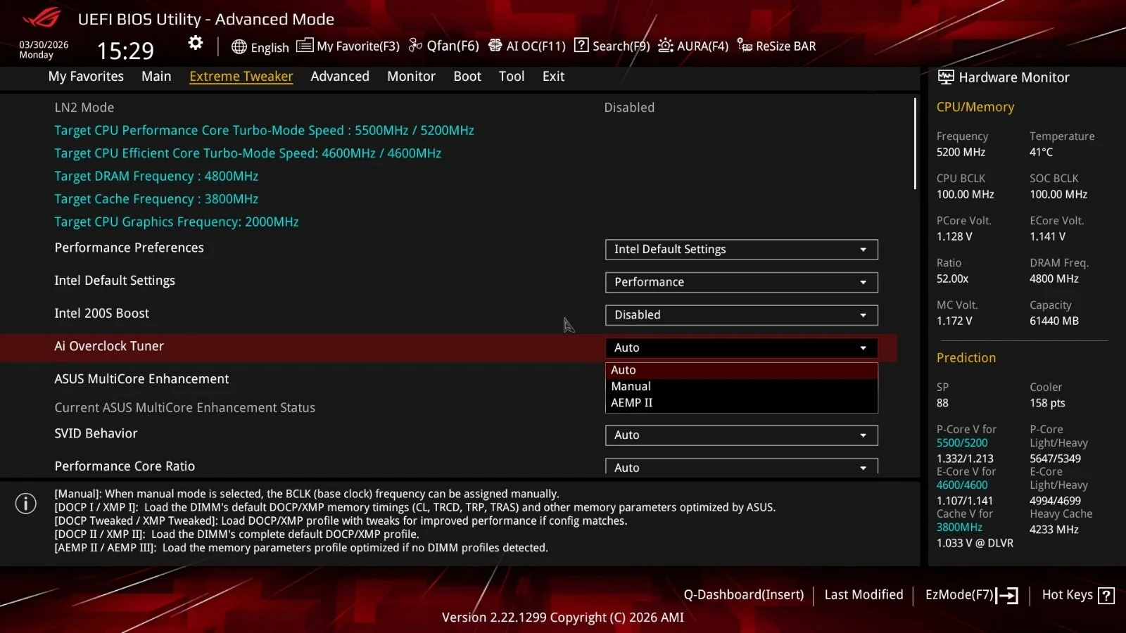 Écran ASUS UEFI BIOS Utility (mode avancé) montrant les cœurs CPU en mode turbo à 5500/5200 MHz et la DRAM à 4800 MHz, avec AI Overclock Tuner sur Auto.