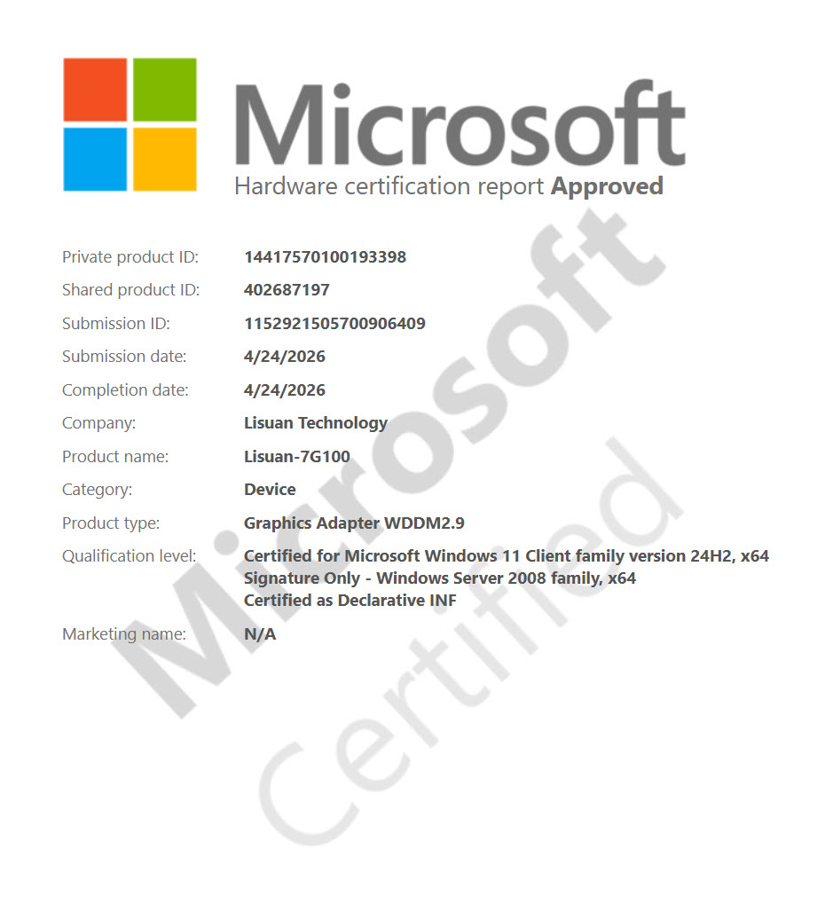 A Microsoft hardware certification report shows the Lisuan Technology product 'Lisuan-7G100' as a graphics adapter certified for Microsoft Windows 11 Client and Server 2008, completed on 4/24/2026.