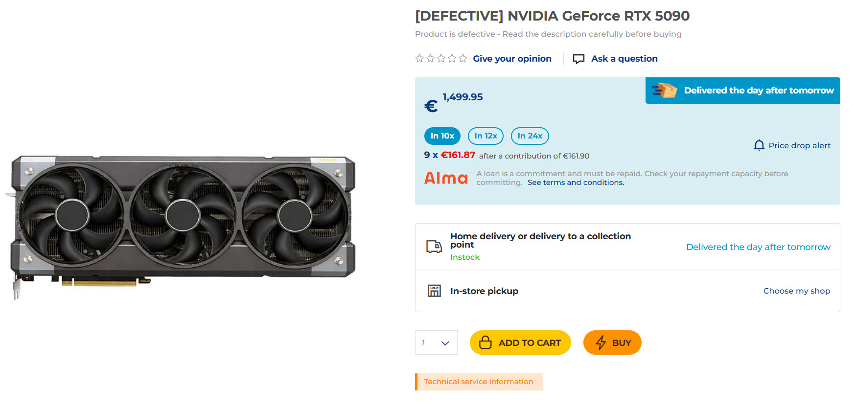A product listing for a '[DEFECTIVE] NVIDIA GeForce RTX 5090' graphics card priced at €1,499.95, featuring options for home delivery and in-store pickup.