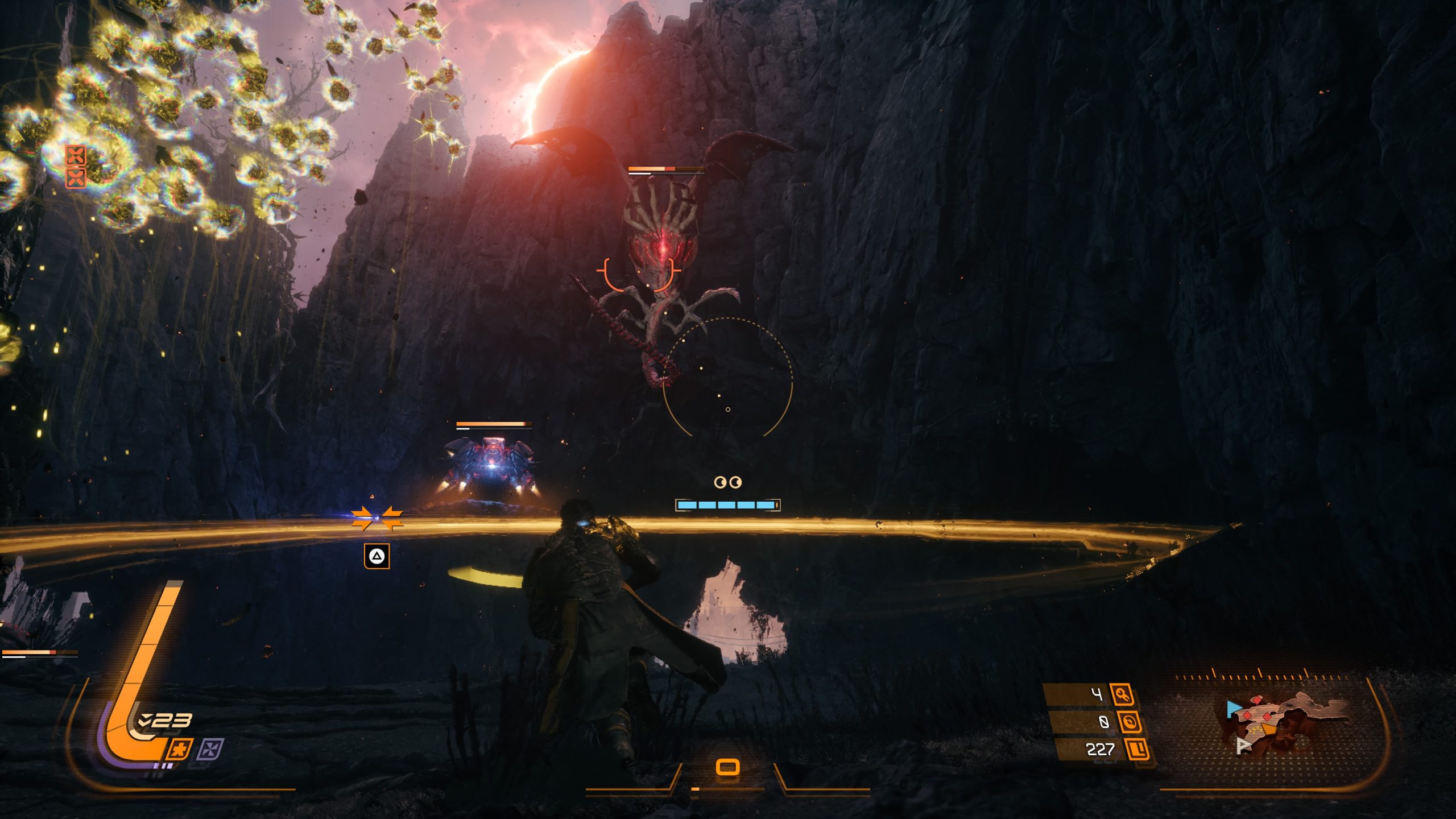 A character in the game Saros confronts a flying monster with bat-like wings in a rocky canyon setting, with health bars and a minimap visible on the screen.
