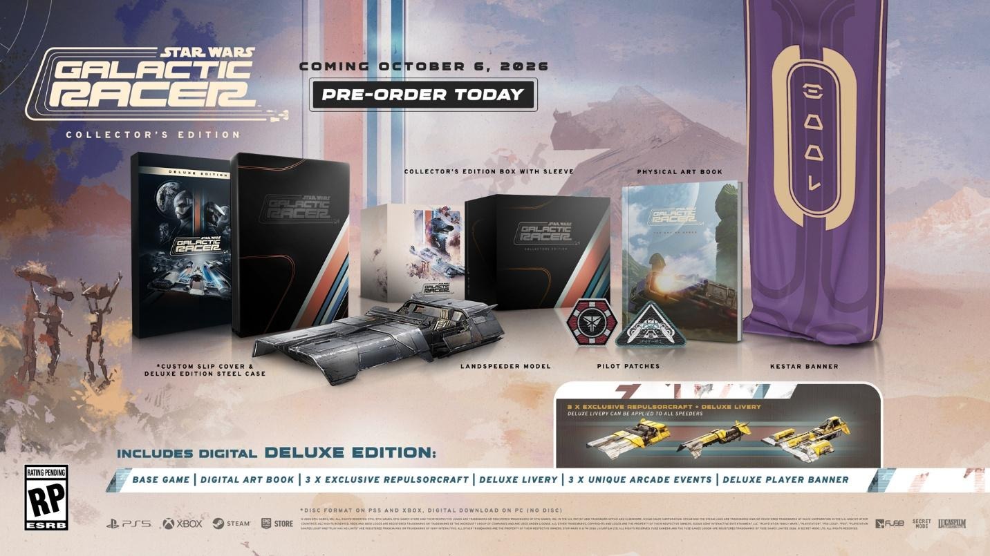 The Star Wars Galactic Racer Collector's Edition includes a collector's edition box with sleeve, a deluxe edition steel case, a physical art book, a Landspeeder model, pilot patches, and a Kestar banner, with a release date of October 6, 2026, and a Digital Deluxe Edition of the game.