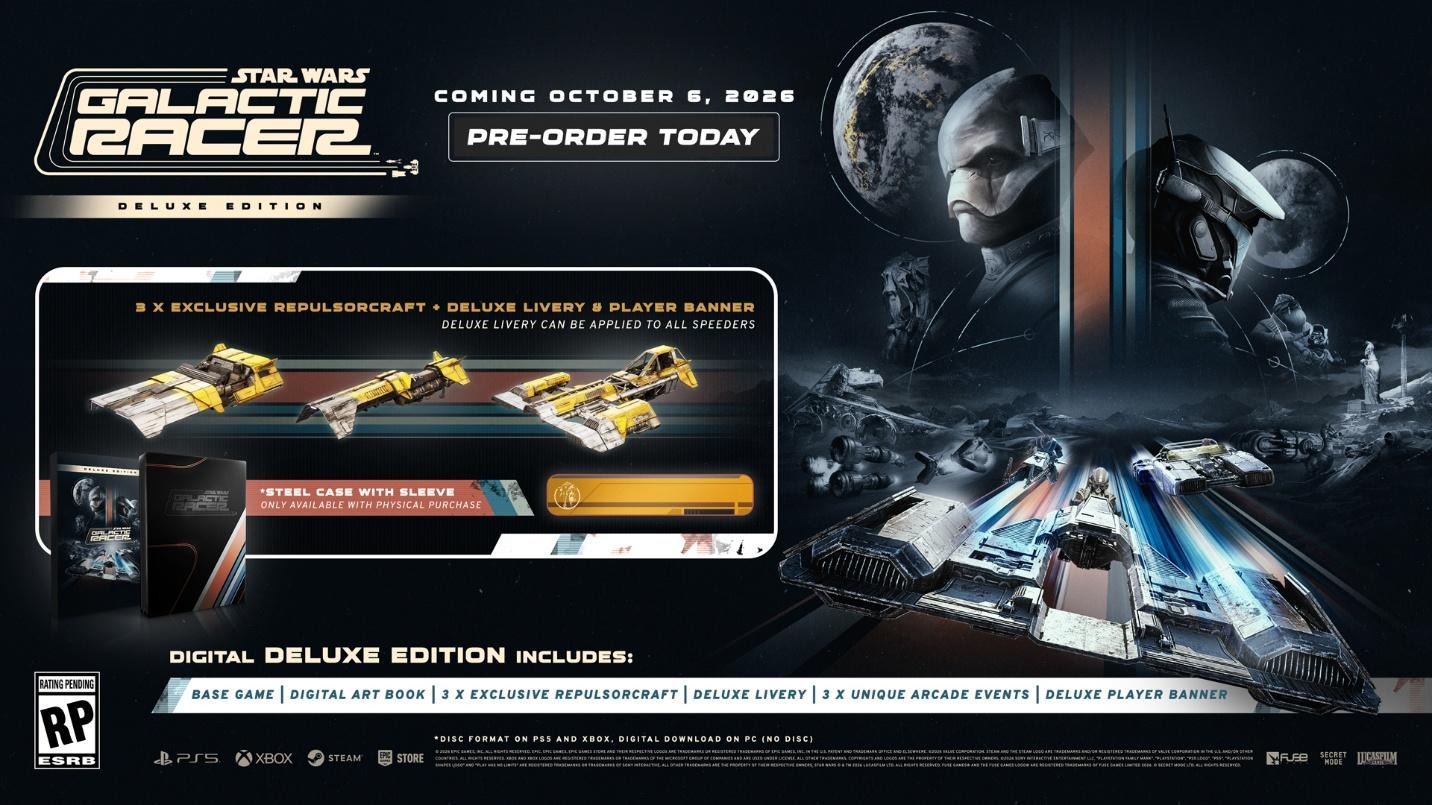 Promotional image for Star Wars Galactic Racer Deluxe Edition featuring three exclusive repulsorcraft and deluxe livery with a release date of October 6, 2026.