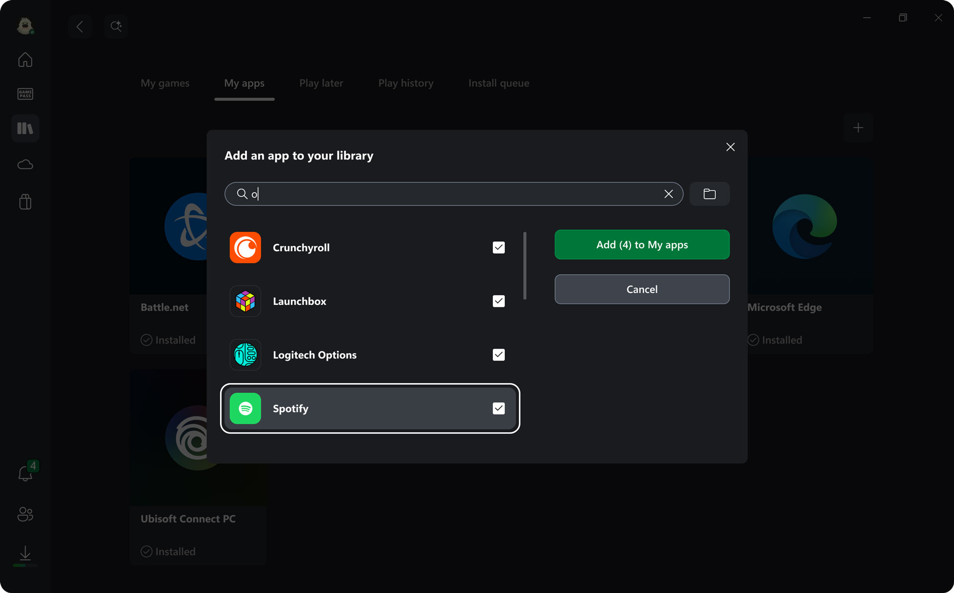 A software interface displays a list with checkboxes for Crunchyroll, Launchbox, Logitech Options, and Spotify, with an option to 'Add (4) to My apps' or 'Cancel.'