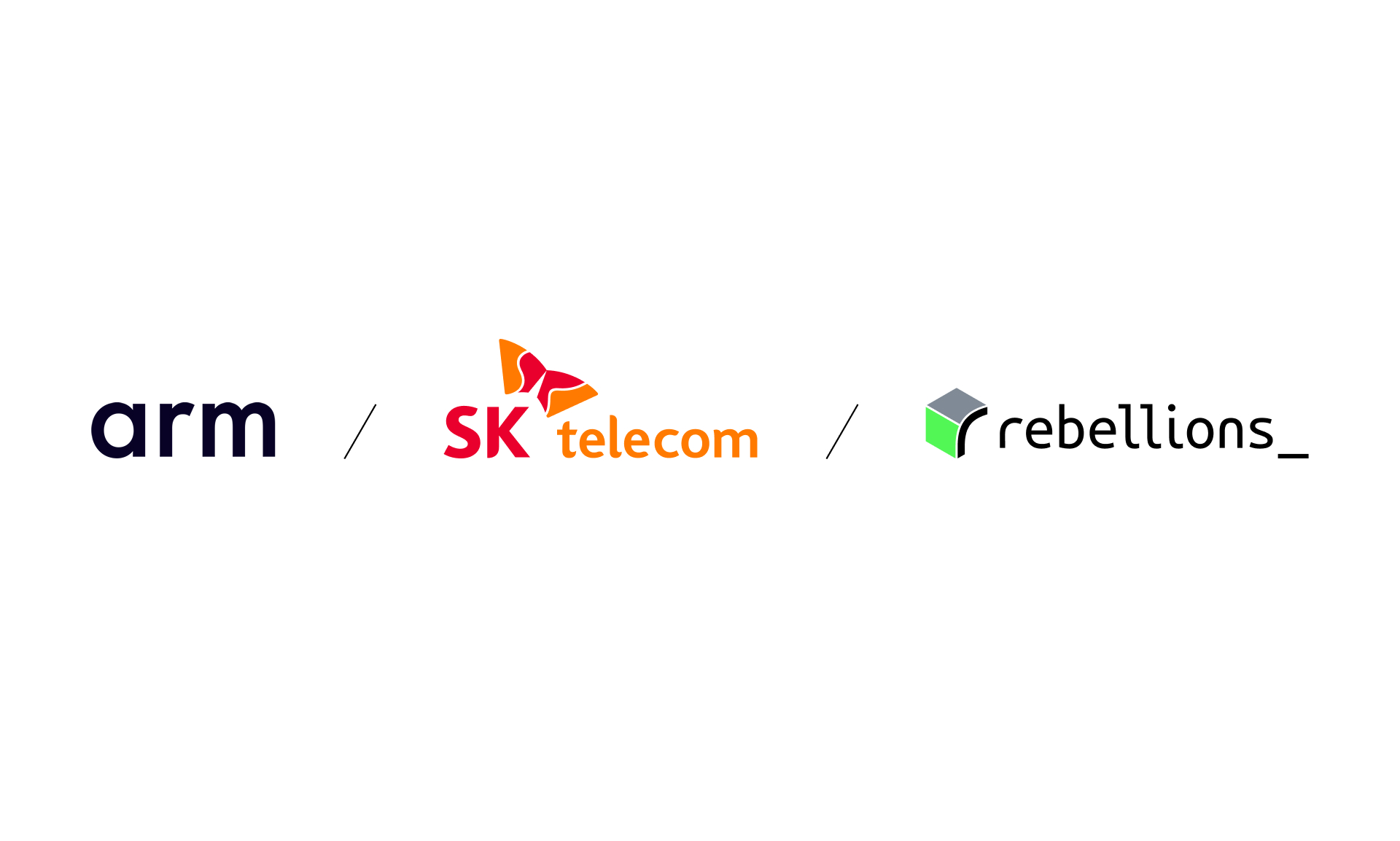 The image displays the logos of Arm, SK Telecom, and Rebellions side by side.