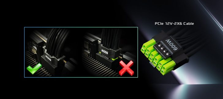 The image shows a PCIe 12V-2X6 cable labeled 'M009,' with two connection diagrams indicating proper and improper configurations and a checkmark for the correct setup.