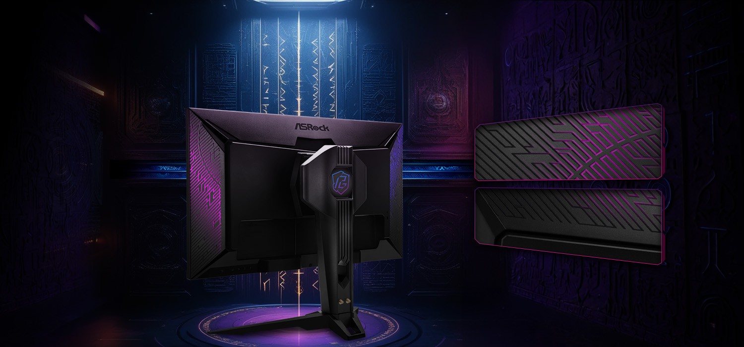The image shows the back of an ASRock gaming monitor with a futuristic design, featuring a prominent logo on the stand, set against a sci-fi themed background.