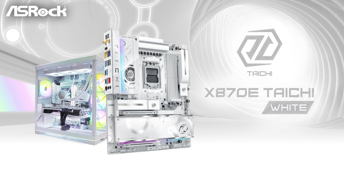 ASRock X670E Taichi White motherboard is showcased with a custom white PC build featuring RGB lighting.