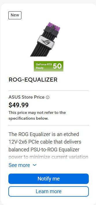 Le câble ASUS ROG Equalizer 12V-2x6 PCIe affiché à 49,99 €, avec la mention « GeForce RTX Ready ».