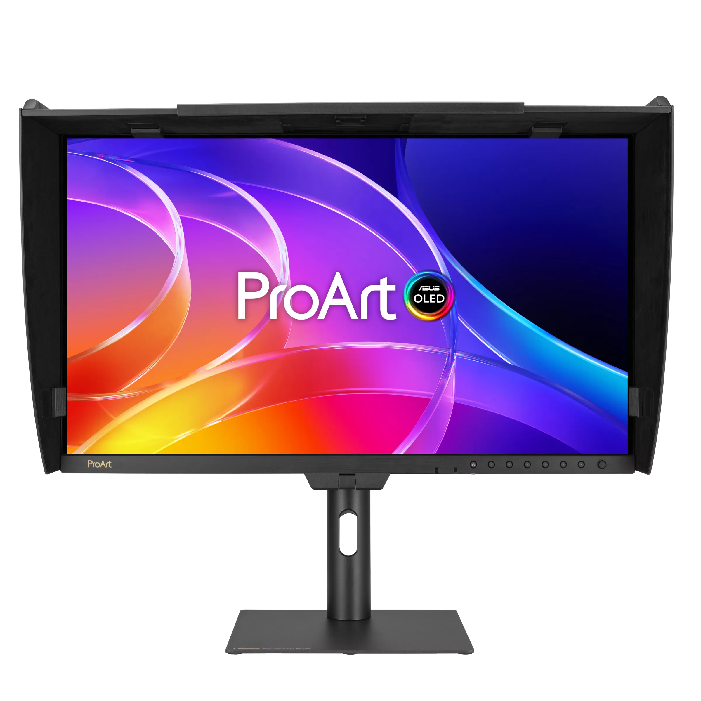 An ASUS ProArt OLED monitor displaying vibrant abstract graphics.