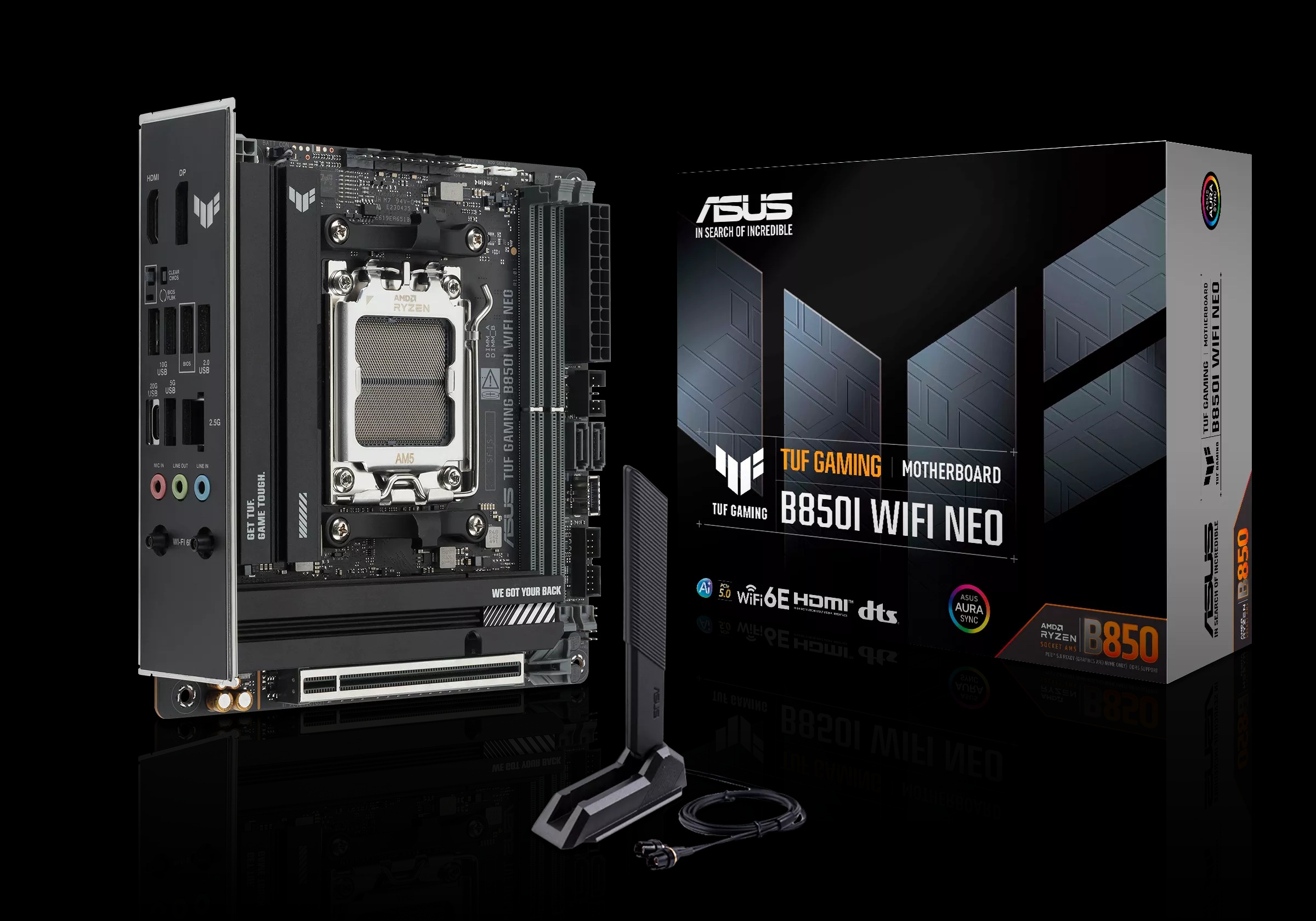 The image features an ASUS TUF Gaming B850I WIFI NEO motherboard alongside its packaging box, showing various ports and an antenna accessory.