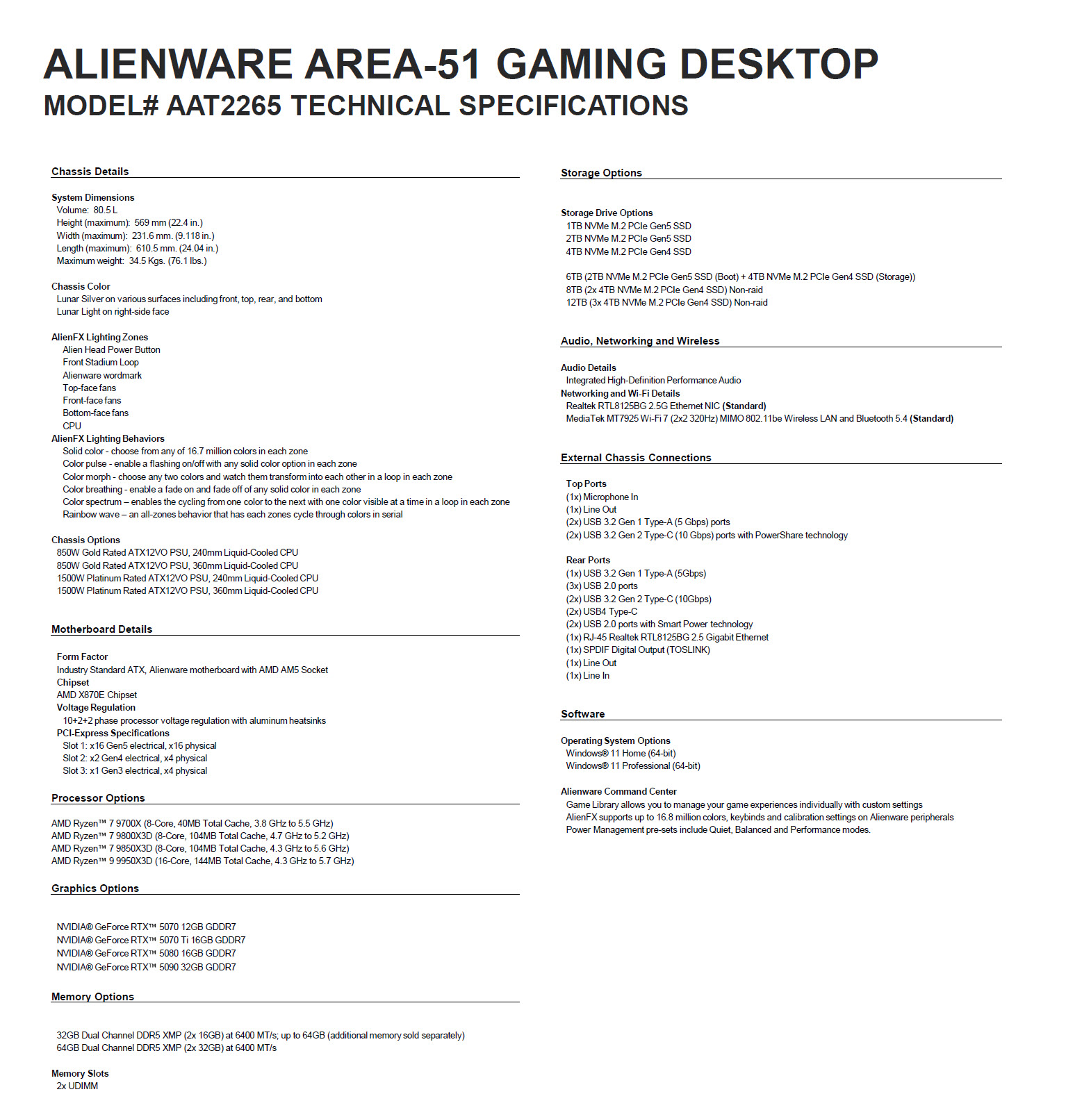 Fiche technique de l’Alienware Area-51 : dimensions du châssis, options de processeurs AMD Ryzen et Intel Core i9, cartes graphiques NVIDIA GeForce RTX, configurations mémoire et stockage, Windows 11 Home/Pro.
