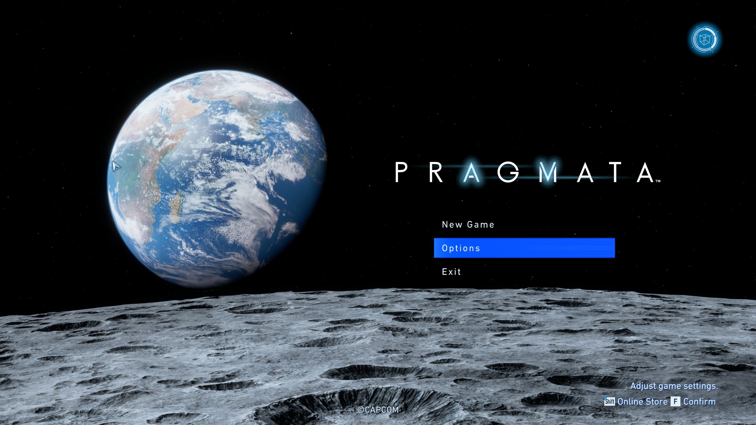 The main menu of the game 'Pragmata' features Earth from the moon, with option selections for 'New Game,' 'Options,' and 'Exit.'
