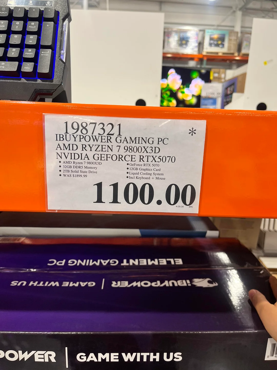 An iBUYPOWER Gaming PC featuring an AMD Ryzen 7 9800X3D and NVIDIA GeForce RTX 5070 is priced at $1100.00.