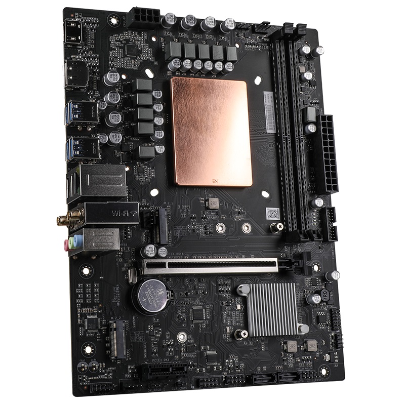 A motherboard featuring a large copper heat spreader, multiple PCIe slots, and labeled 'WiFi'.