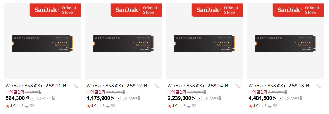 Four WD Black SN850X m.2 SSDs are displayed with capacities of 1TB, 2TB, 4TB, and 8TB, alongside their respective prices in Korean won and a 'SanDisk Official Store' banner at the top.