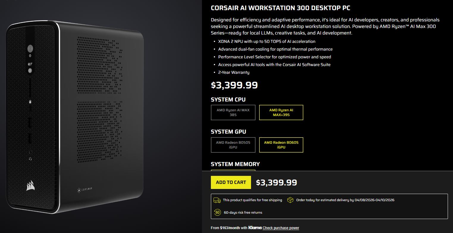 L’image montre le Corsair AI Workstation 300 Desktop PC à €3,399.99, avec un CPU AMD Ryzen AI MAX+395 et un iGPU AMD Radeon 8060S.