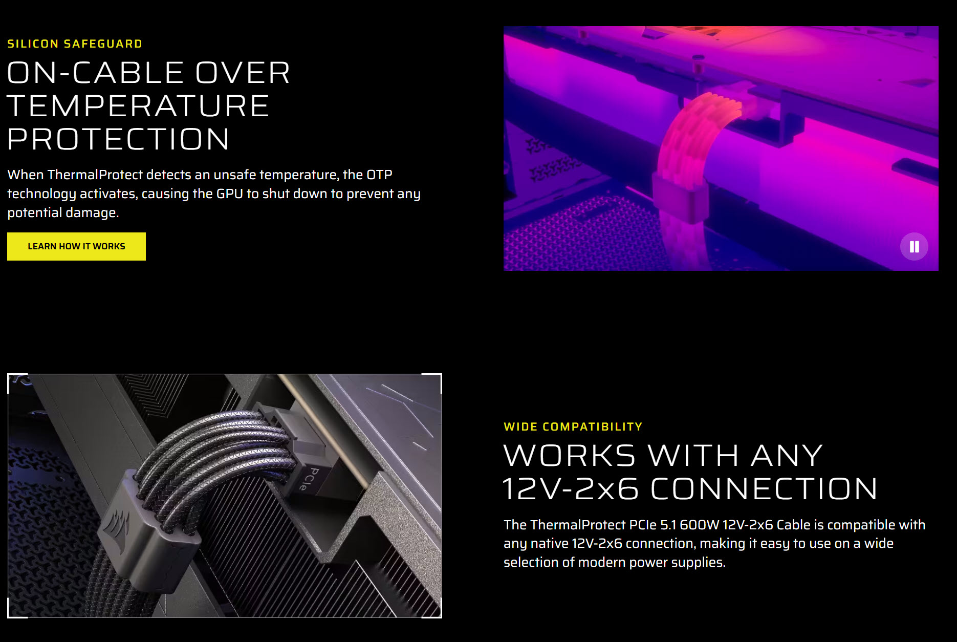 A slide titled 'On-Cable Over Temperature Protection' describes how ThermalProtect shuts down a GPU to prevent damage, accompanied by an image of a PCIe cable connected to a Corsair component.