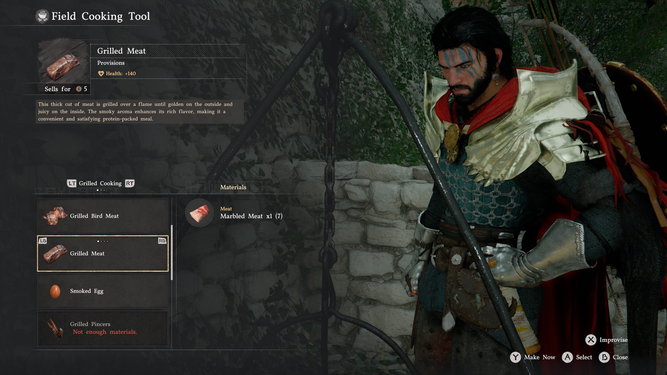 A character in Crimson Desert setting uses a 'Field Cooking Tool' to grill meat, with details on the type of meat, health benefits, and materials needed displayed on-screen.
