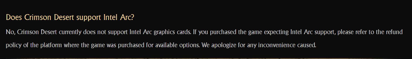 A message states that Crimson Desert does not support Intel Arc graphics cards and advises players to check refund policies if purchased expecting support.