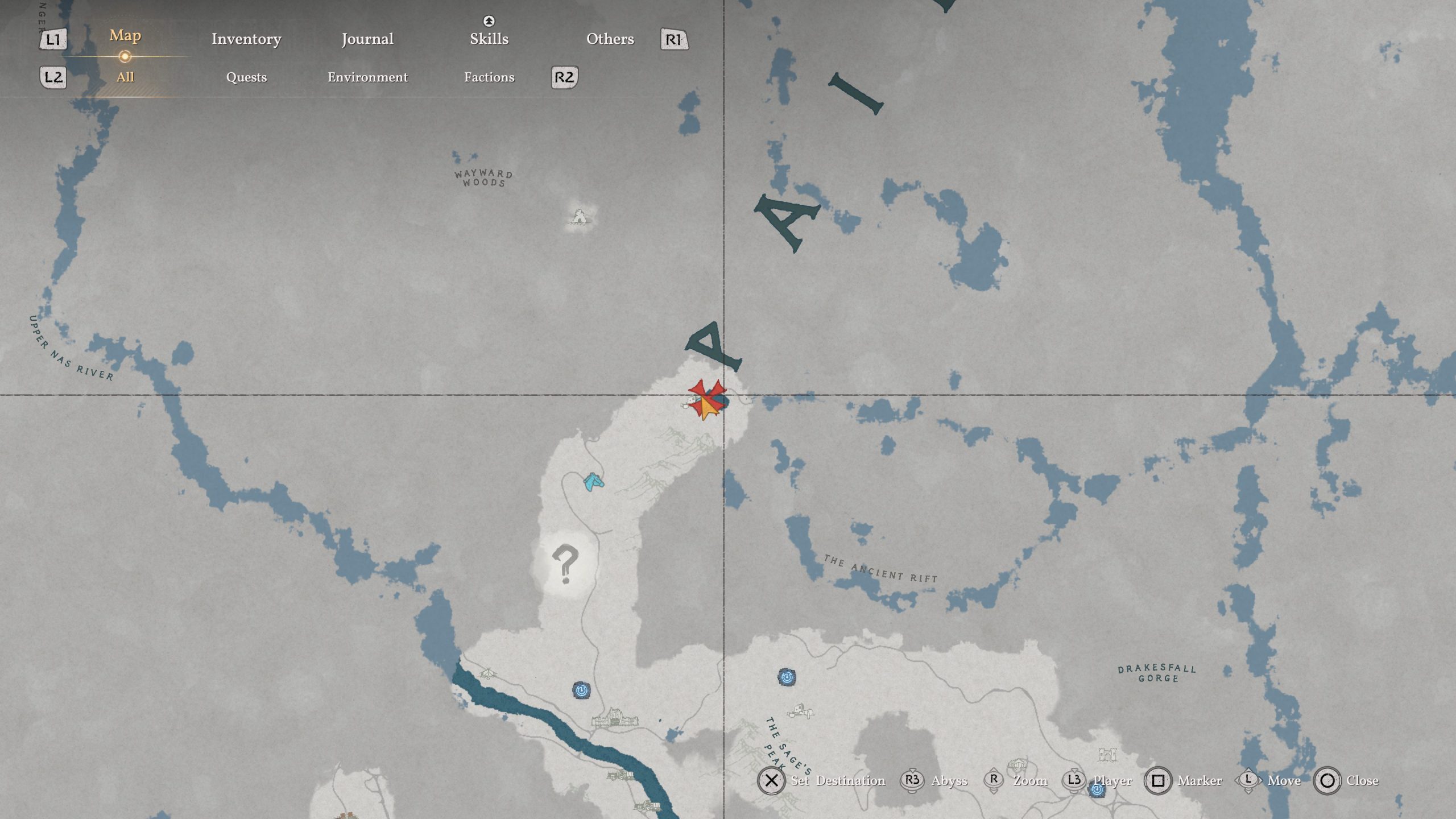  Crimson Desert map interface showing pointed locations in 'Palia' with options for 'Inventory,' 'Journal,' 'Skills,' and 'Others' at the top.
