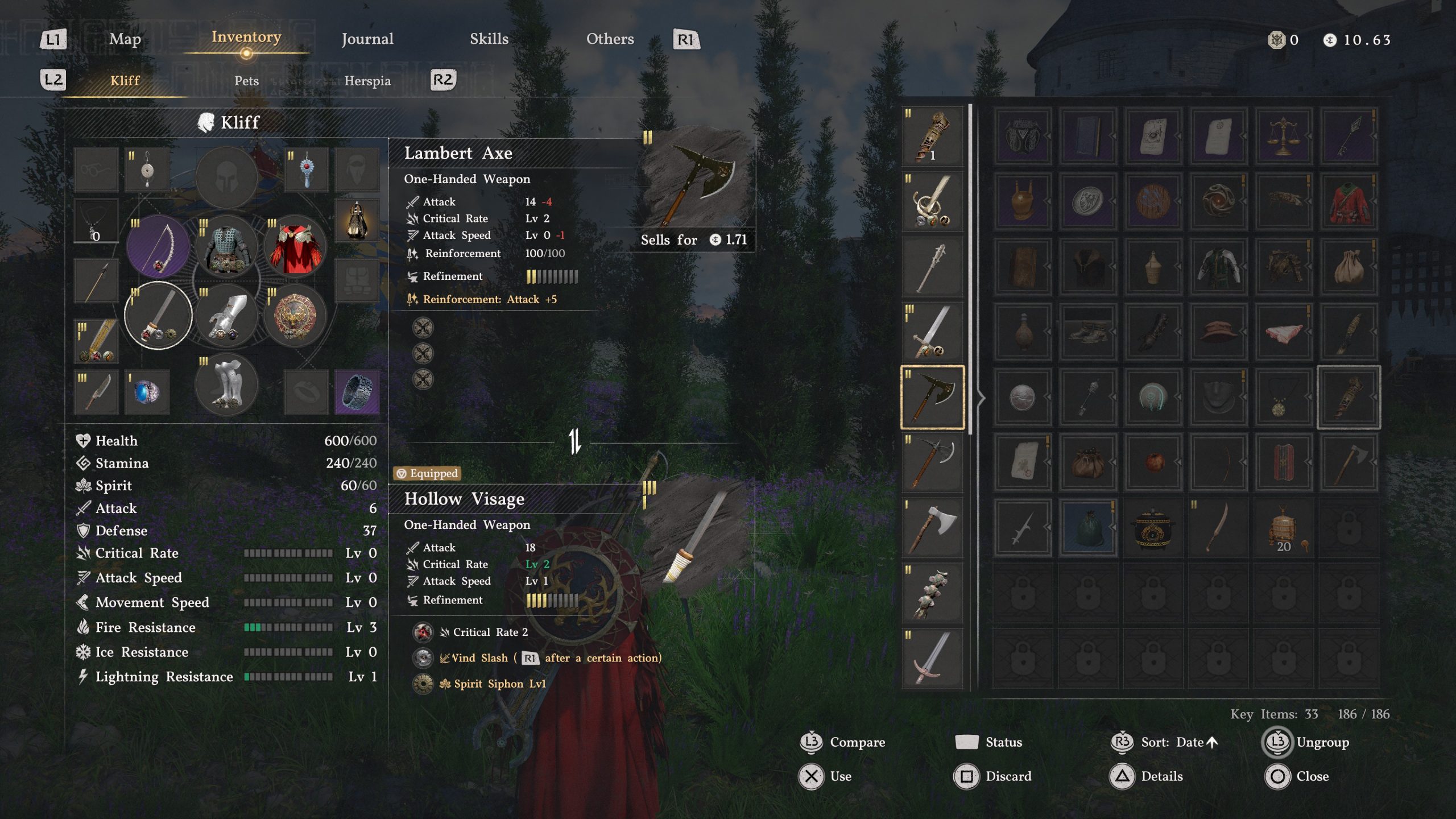 In-game inventory screen from Crimson Desert showing character 'Kliff' equipped with a 'Hollow Visage' axe and highlighting detailed stats like health, stamina, attack, and resistances, alongside other inventory items.