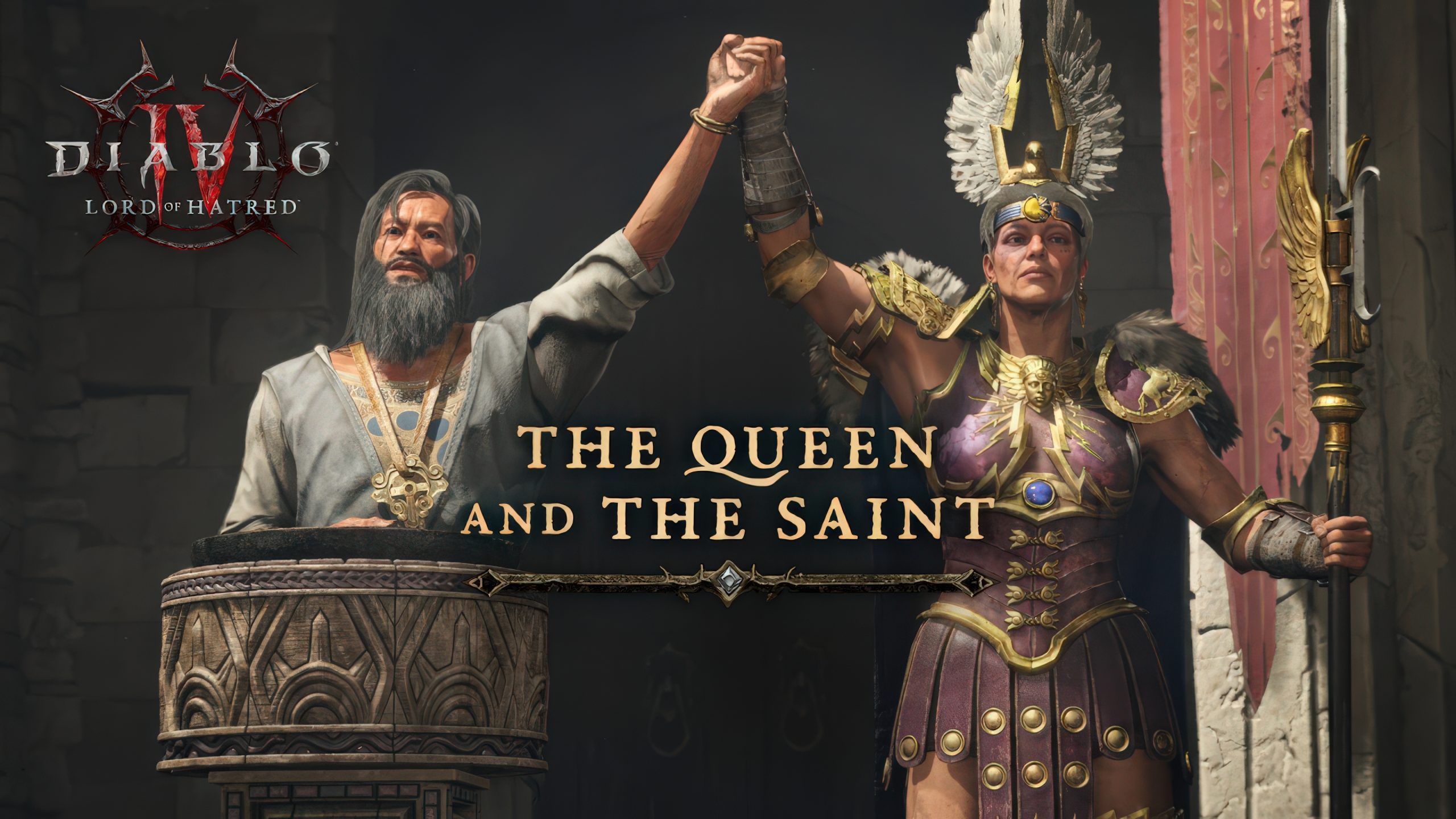 A promotional image for 'Diablo IV: Lord of Hatred' featuring characters labeled 'The Queen and The Saint' standing together.